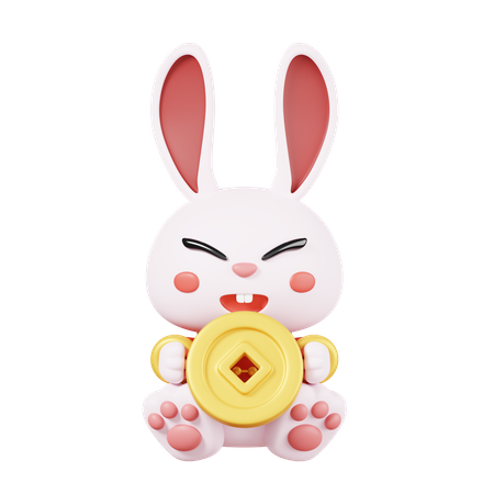 Rabbit Holding Gold Coin  3D Icon