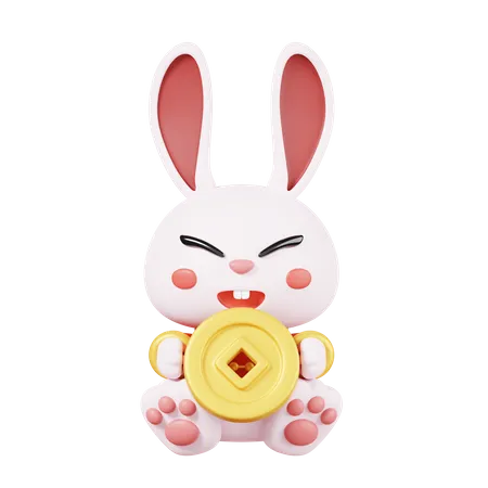 Rabbit Holding Gold Coin  3D Icon