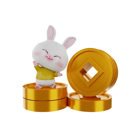 Rabbit On Chinese Coins  3D Illustration