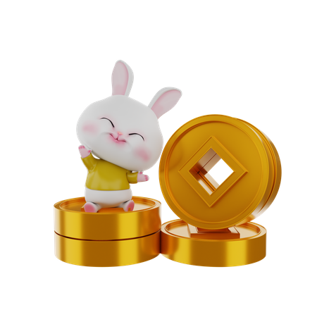 Rabbit On Chinese Coins  3D Illustration