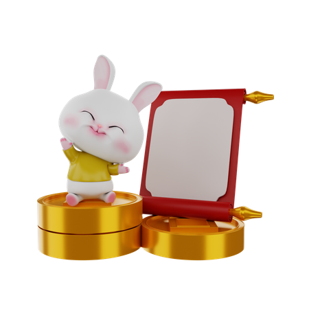 Rabbit On Chinese Coins With Scroll  3D Illustration
