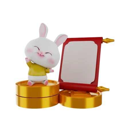 Rabbit On Chinese Coins With Scroll  3D Illustration