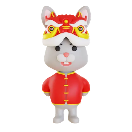 Rabbit Performing Lion Dance  3D Illustration