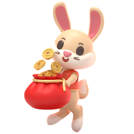 Rabbit With Chinese Coins Sack  3D Illustration