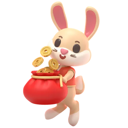 Rabbit With Chinese Coins Sack  3D Illustration