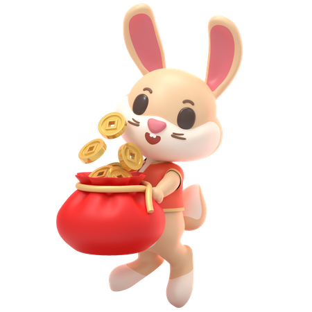 Rabbit With Chinese Coins Sack 3D Illustration