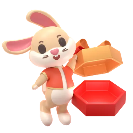 Rabbit With Gift Box  3D Illustration