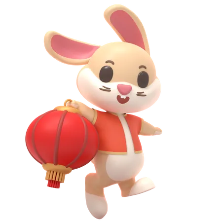 Rabbit With Red Lantern  3D Illustration