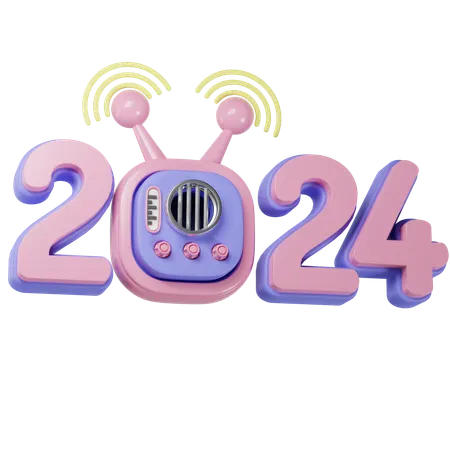 New Year 2024 With Retro Radio On Blue Background 3 D Rendering 3D Icon