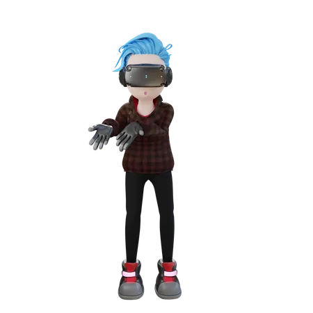 Ragazzo con gli occhiali VR che mostrano qualcosa  3D Icon