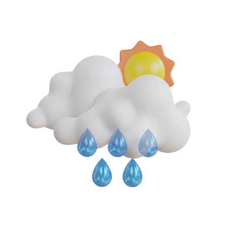Rain Cloud With Water Drops White Cloud With Rain Drops And A Sun On It Weather Icon 3D Icon