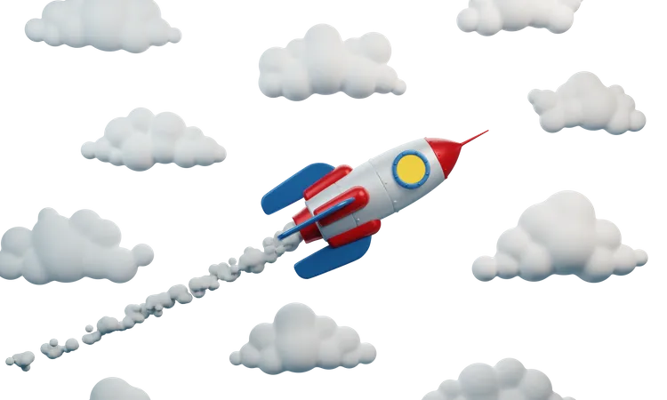 Rakete Mit Dusenrauch Fliegt Zwischen Den Wolken Lustige Spielzeug Weltraumrakete 3D Illustration