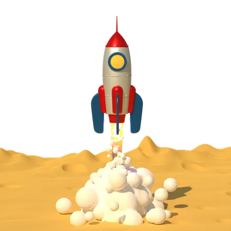 Rakete Hebt Mit Dusenrauch Von Der Oberflache Des Mondplaneten Ab Spielzeugrakete Startet Ins All 3D Illustration