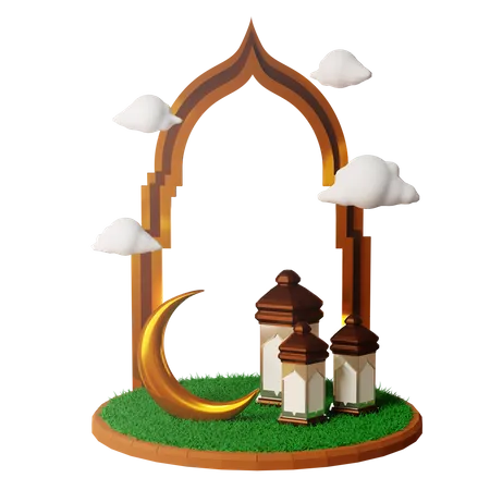 Pódio do Ramadã com Latrão e lua  3D Illustration