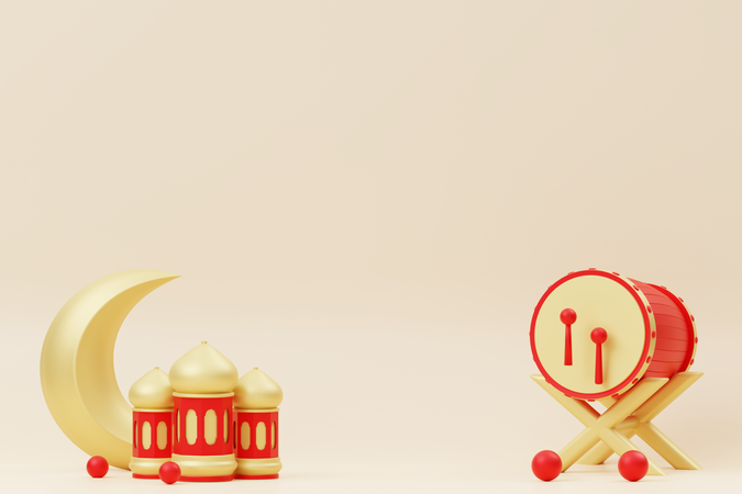 Pódio do Ramadã com bedug e crescentes  3D Illustration