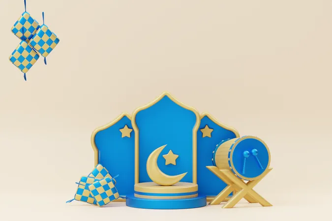 Pódio do Ramadã com crescente e bedug  3D Illustration