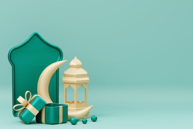 Pódio do Ramadã com lua crescente e lanterna  3D Illustration