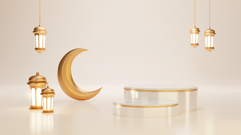 Pódio do Ramadã com lua crescente e lanterna  3D Illustration