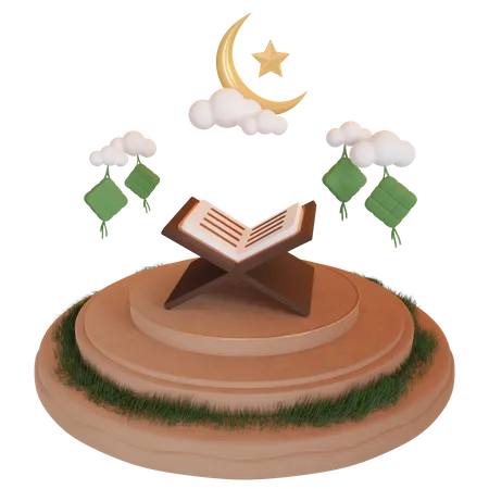 Pódio do Ramadã com livro islâmico  3D Illustration