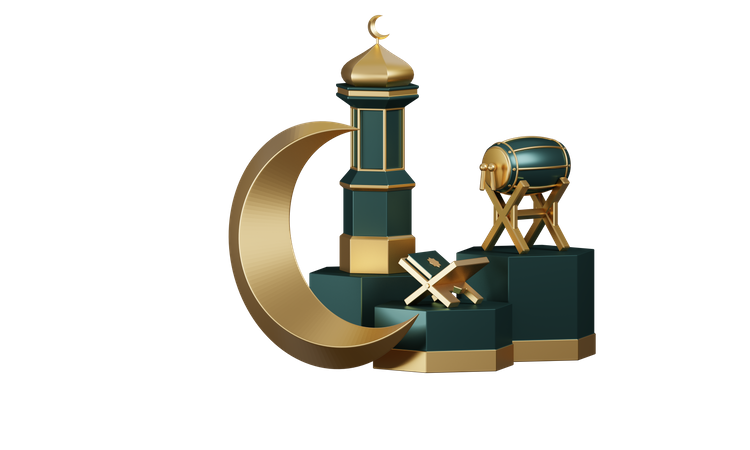 Tambores do Ramadã e ornamentos de mesquita no pódio  3D Illustration