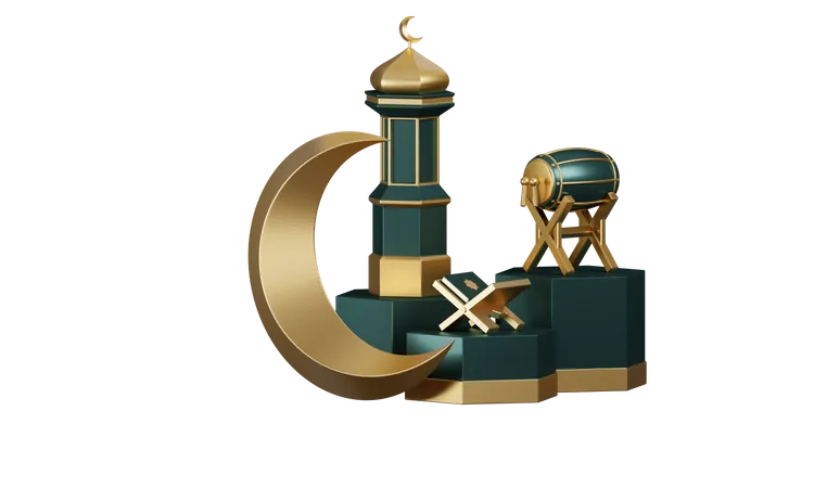 Tambores do Ramadã e ornamentos de mesquita no pódio  3D Illustration