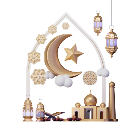 3 D Rendersymboldarstellung Von Ramadan Bezogenen Objekten Passend Zum Ramadan Thema 3D Illustration