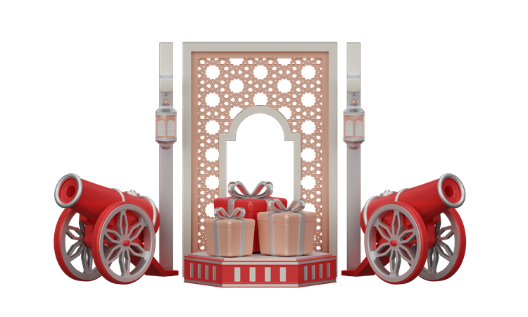 Ramadan avec canon traditionnel et ornement de mosquée  3D Illustration