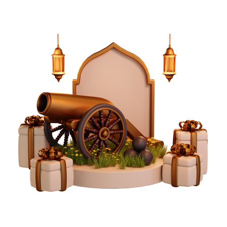 Ramadan Cannon And Gift Podium  3D Illustration