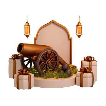 Ramadan Cannon And Gift Podium 3D Illustration