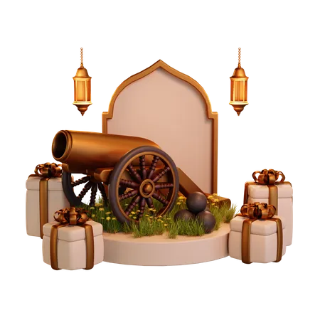 Ramadan Cannon And Gift Podium  3D Illustration