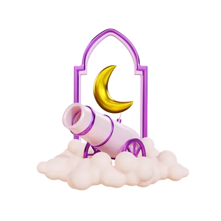 3 D Rendering Islamic Ramadan Moon And Cannon Illustration 3D Illustration