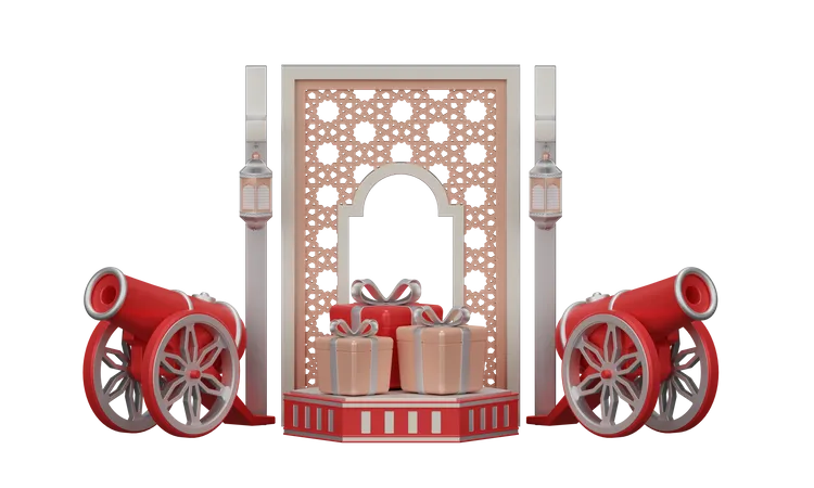 Ramadán Con Cañón Tradicional Y Adorno De Mezquita  3D Illustration