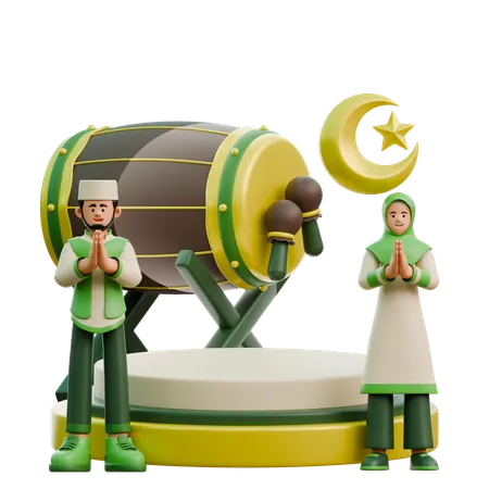 Ramadan couple close to podium  3D Illustration