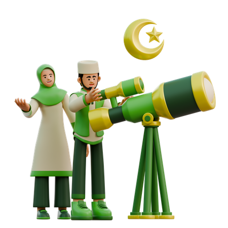 Ramadan couple looking at Hillal  3D Illustration