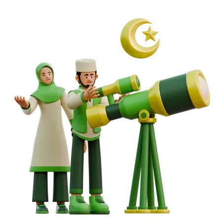 Ramadan couple looking at Hillal  3D Illustration