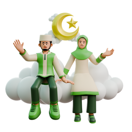 Ramadan couple sitting on clouds  3D Icon