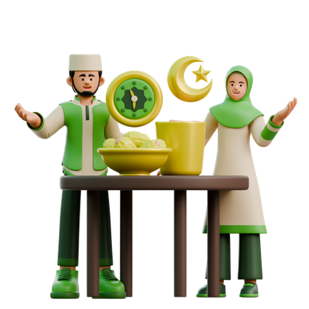 Ramadan couple taking breaking fast  3D Icon