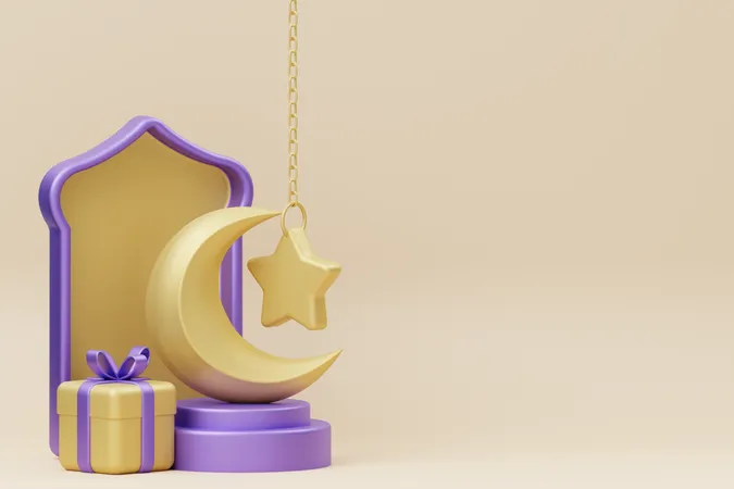 Podio de media luna de Ramadán con caja de regalo  3D Illustration
