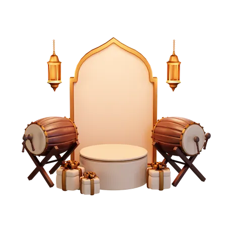 Ramadan Drum And Gift Podium  3D Illustration
