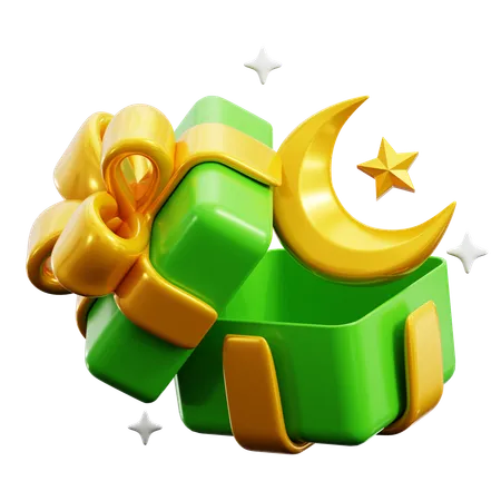 Ramadan Festival Surprise Gift With Crescent Moon Inside Open Reward Box 3 D Icon Illustration Render Design 3D Icon