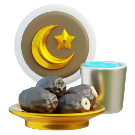 3 D Render Of Iftar Arrangement With Dates Water And Crescent Moon Plate 3D Icon