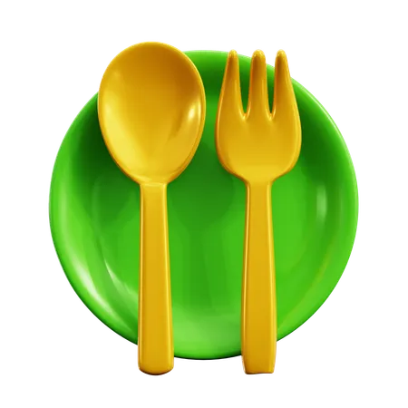 Green Plate With Gold Spoon Fork Eat Time For Break Fasting Ramadan Holy Month 3 D Icon Illustration Render Design 3D Icon