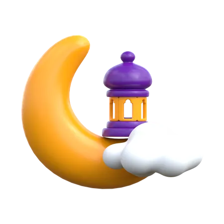 Ramadan Lantern On Crescent Moon  3D Icon