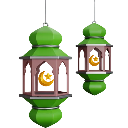 3 D Rendering Two Lamp Lanterns Ramadan Isolated 3D Icon
