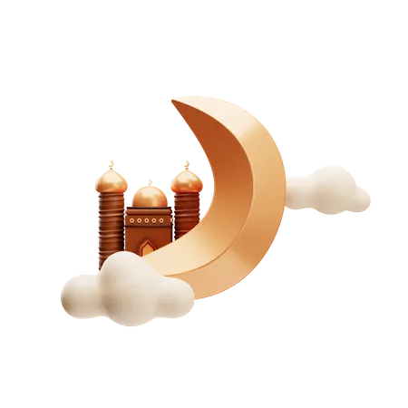 Lua do Ramadã com mesquita  3D Illustration