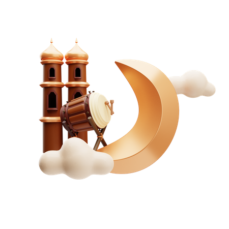 Luna de Ramadán con bedug  3D Illustration