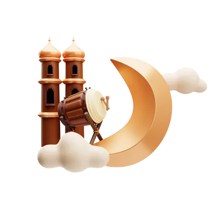 Luna de Ramadán con bedug  3D Illustration