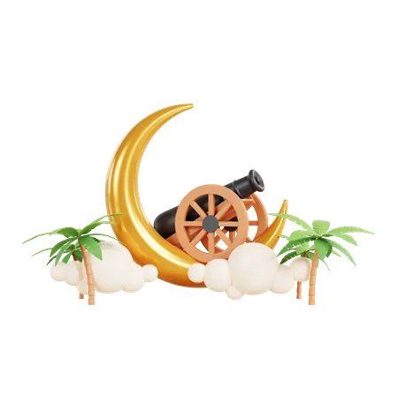 Lune du ramadan avec canon  3D Illustration