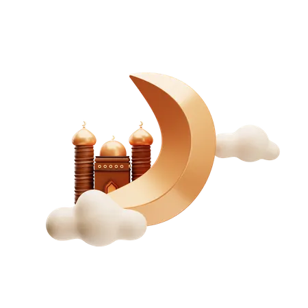 Lune du Ramadan avec mosquée  3D Illustration