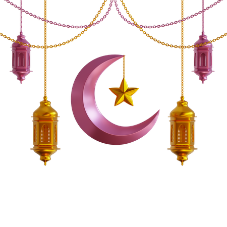Ramadan Moon and Lantern 3D Illustration